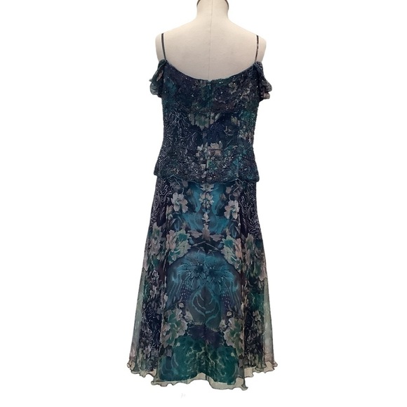 MONTAGE by‎ MON CHERI Floral Silk Beaded Tea Length Dress - Size 12 - Picture 3 of 16